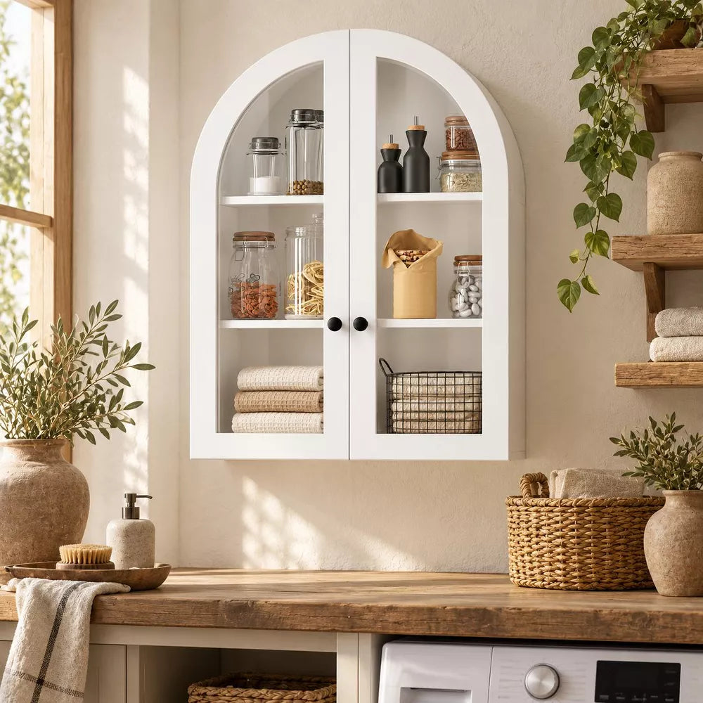 Laukingdom 23'' Arched Wall Mounted Storage Cabinet, Wood Veneer Wall Pantry cabinet with Adjustable Shelf for Kitchen, Laundry Room