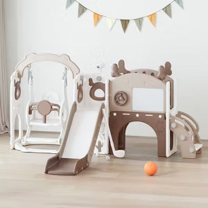 12-in-1 Toddler Slide Playset Indoor & Outdoor Kids Slide with Basketball Hoop, Golf & Drawing Board (Beige & Rosy Brown, 54x62x39 in