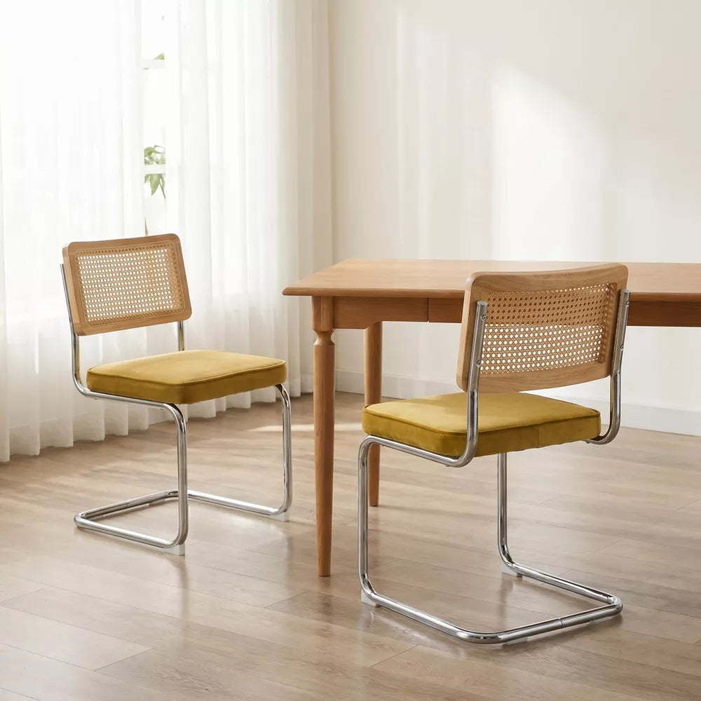 Rattan Dining Chairs Set of 2, Modern Kitchen Chairs with Solid Wood Back & Chrome Base, Upholstered Velvet Fabric for apartment,Dorm Room