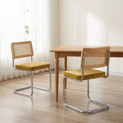 Rattan Dining Chairs Set of 2, Modern Kitchen Chairs with Solid Wood Back & Chrome Base, Upholstered Velvet Fabric for apartment,Dorm Room