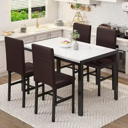 Hooseng 5-Piece Marble DiningTableSet with 4 Metal Frame Chairs, Dining Table Set for 4, Modern Style Kitchen Table and Chair Set, White
