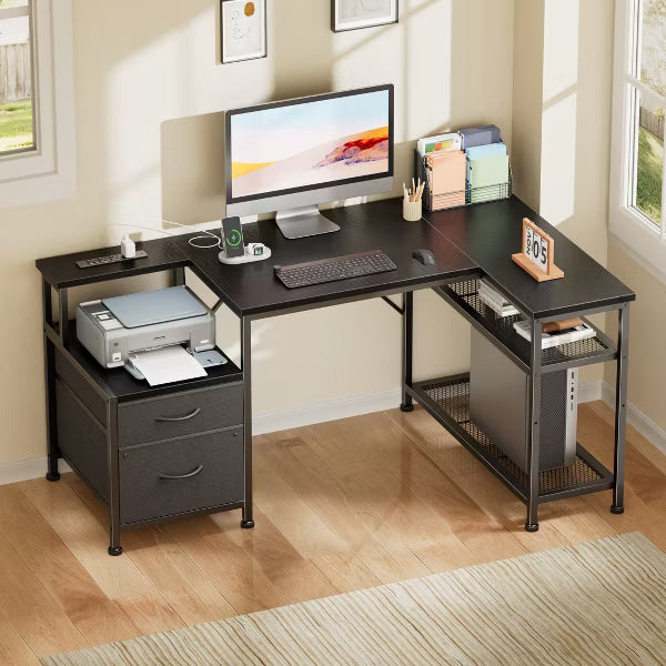 Qwatto 49" Black L Shaped Computer Desk with 2 Drawers and Charging Station Corner Gaming Desk with Storage Shelves Home Office Writing Workstation