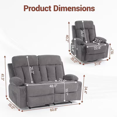BOSMILLER Manual Recliner Sofa Set, 2 Piece Reclining Living Room Furniture Sets with Cup Holders for Home Theater, Office (Grey, Loveseat+Chair)