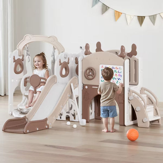 12-in-1 Toddler Slide Playset Indoor & Outdoor Kids Slide with Basketball Hoop, Golf & Drawing Board (Beige & Rosy Brown, 54x62x39 in