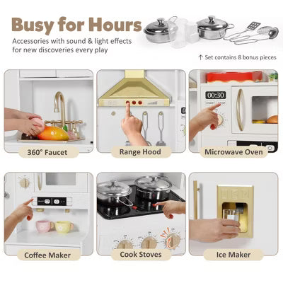 TODECARE Wooden Play Kitchen for Kids with Storage System, Ice Maker and Coffee Maker, Gift for Boys and Girls Age 3+