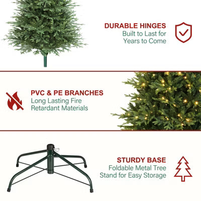 VIVATREES 7.5 Ft Prelit Artificial Christmas Tree with Warm White LED Lights, Hinged Branches, Metal Stand
