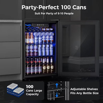 EUHOMY 94 Can Beverage Refrigerator- Mini Fridge with Glass Door & Adjustable Shelves- Black