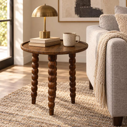 Mango Wood Round Accent Table, Modern Industrial Side Table with Burn Finish for Living Room, Bedroom & Small Spaces, Knock Down End Table, Walnut
