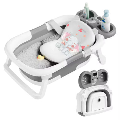 TUMAJUP Foldable Elephant Baby Bathtub for Infants and Toddlers with Soft Cushion and Thermometer