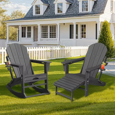 Adirondack Rocking Chair with Retractable Ottoman and Cup Holder, All Weather HDPE Folding Adirondack Chair,Fire Pit Chair for Porches, Patios