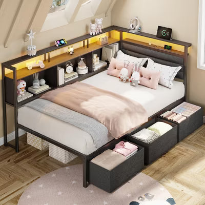 Qwatto Twin Size Corner Bed Frame with Storage Drawers and Bookcase LED Lights Charging Station Upholstered Daybed Platform Bed No Box Spring Needed
