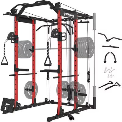 ER KANG Power Cage, 1500LBS Power Rack with Cable Crossover System, Multi-Function Workout Cage, Squat Rack Home Gym(Red)