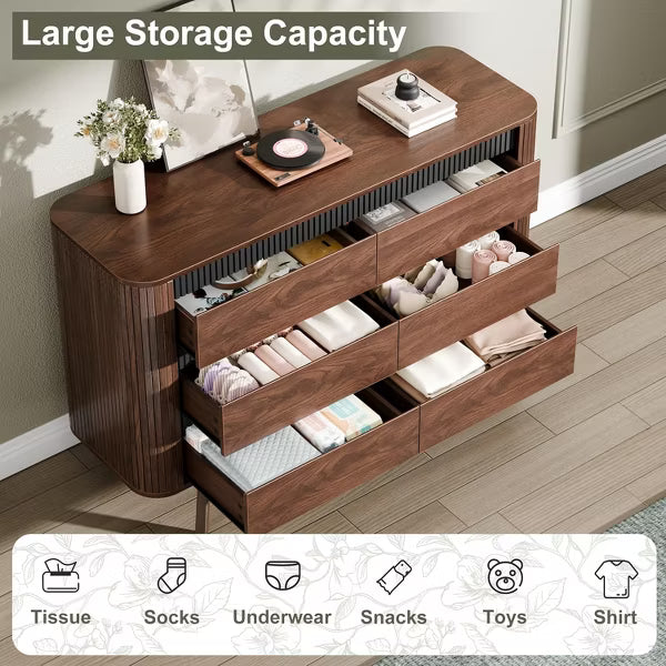 Qwatto 6 Drawer Walnut Dresser for Bedroom 47.2" Wide Fluted Chest of Drawers Modern Curved Design Clothes Storage Organizer Hallway Dark Wood Finish