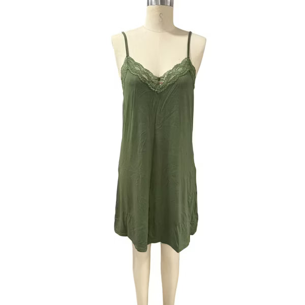 Ekouaer Women's Soft Knit Sleepdress – Adjustable Spaghetti Straps, Lace-Trimmed A-Line Chemise Nightgown Army Green S