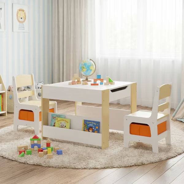 TODECARE 4 in 1 Kids Wooden Table and 2 Chairs Set with Double Bookcase and Blackboard for Kids, Natural