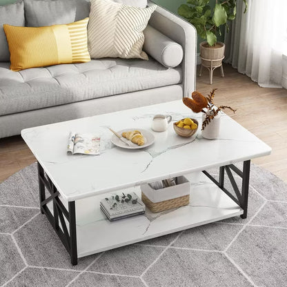 Hooseng Coffee Table for Living Room with Round Corners, 2 Tier Rectangular Center Table with Storage Shelf for Small Spaces