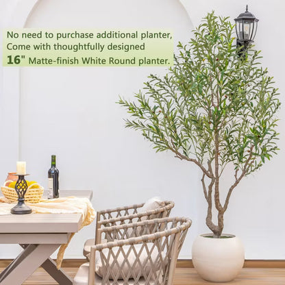 8FT Artificial Olive Tree with 16 Inch White Planter, Faux Olive Tree Realistic Leaves Lifelike Fruits Natural Trunk, Home Office Decor