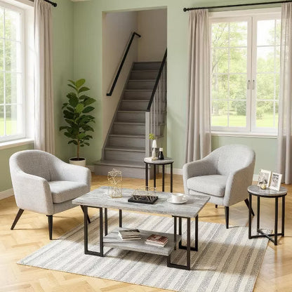 Hooseng 3 PCS Coffee Table Set Rectangle Coffee Table and 2 PCS Round End Tables Metal Frame and Particle Board Tabletop