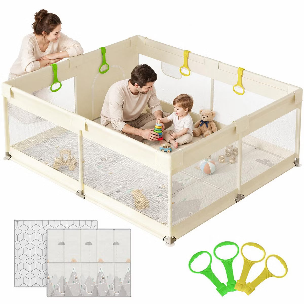 Fodoss 59x71in Baby Playpen with Mat – Safe Activity Center & Fence for Babies and Toddlers, Indoor & Outdoor Use (Mountain-yellow)
