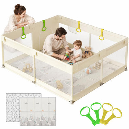 Fodoss 59x71in Baby Playpen with Mat – Safe Activity Center & Fence for Babies and Toddlers, Indoor & Outdoor Use (Mountain-yellow)