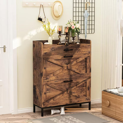 Hooseng Slim Wooden Shoe Cabinet with Drawers, Freestanding Shoe Organizer with Metal Legs for Entryway, Narrow Shoe Rack Storage Unit