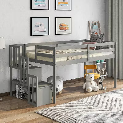 ELJGET Low Loft Bed for Kids, Twin Size Loft Bed with Storage Staircase, Wood Loft Bed Frame for Boys Girls Teens (Gray)