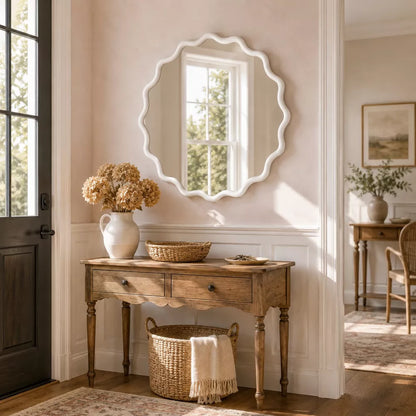 White 24" Wavy Round Solid Wood Frame Decorative Wall Mirror – Ideal for Bedroom, Bathroom, Living Room, Entryway, Farmhouse Decor
