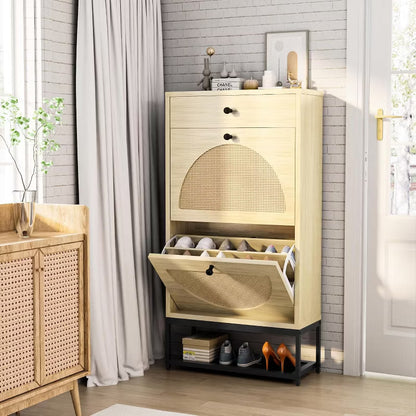 Hooseng Freestanding Faux Wooden Shoe Rack, Entryway Organizer with 2 Natural Rattan Flip Cabinet Drawers for Hallway, Living Room, Bedroom