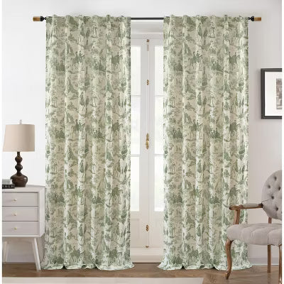 DriftAway 100% Blackout Toile Linen Curtain for Bedroom Double Layer Farmhouse Pattern Thermal Sound Loden Green 52X84