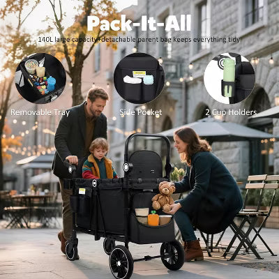 TODECARE Wagon Stroller for 2 Kids, All-Terrain Foldable Outdoor Stroller Wagon, Adjustable Handle, Shock-Absorbing Wheel, Detachable Tray