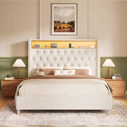 LED Bed Frame,Charging Station and Storage Upholstered Headboard,Velvet.