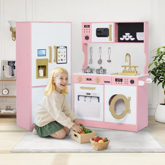 Kinder King Pretend Play Kitchen Wooden Toy Set for Kids with Sounds, Utensils, Oven & Microwave, Role Play Gift for Boys and Girls Age 3+