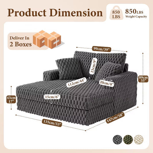 KERDOM Chaise Lounge Chair 53'' Comfy Oversized Reading Chair Fluffy Plush Cozy Couch Sofa Bed with Armrests and Pillows, for Living Room, Bedroom