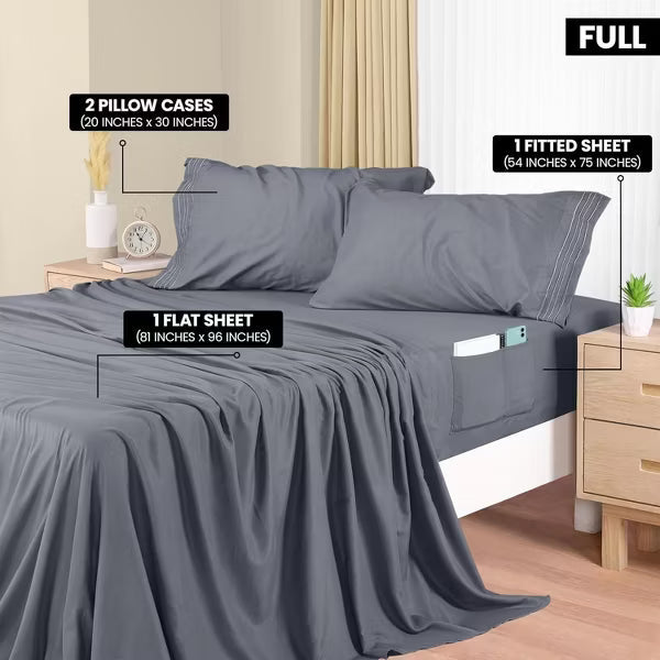 Hoey Queen Size 4-Piece Microfiber Sheet Set – Deep Pocket Bed Sheets with Embroidered Pillowcases (Gray)