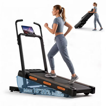 Foldable 39% High Incline Walking Pad Treadmill with Elevated Dual Handrails, 3.0HP Motor, 350 LBS Capacity, Compact Treadmill for Home Workouts