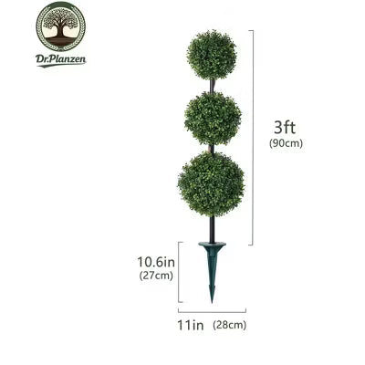 DR.Planzen 3FT Artificial Topiary Tree, Three Ball Faux Tree with Realistic Trunk & Ground Spike, Fake Plant for Indoor & Outdoor Home Décor