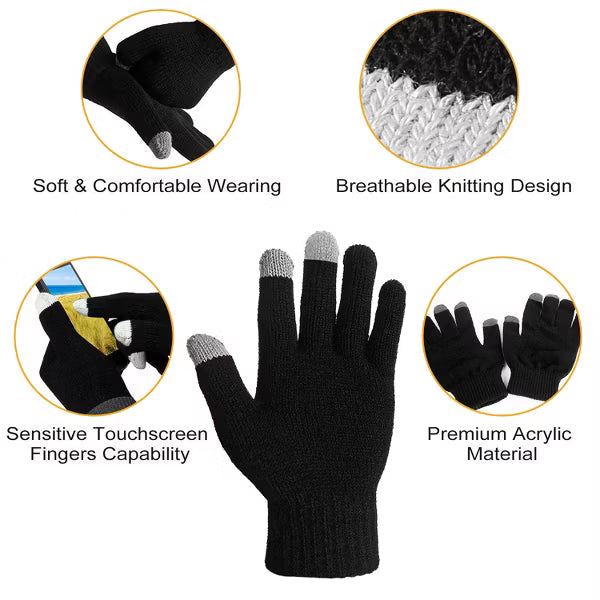 Unisex Touchscreen Winter Gloves, Soft Breathable Acrylic Knit with 3 Conductive Fingertips for Running, Cycling and Everyday Warmth - Black