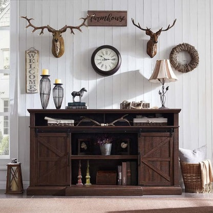 SinCiDo Farmhouse TV Stand for 80" TVs, 37" Tall Media Console with Sliding Barn Door, Storage Cabinets & Adjustable Shelves