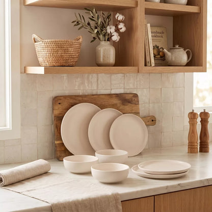 GreenElevate Stoneware Elegance 12-Piece Dinnerware Set for 4, Plates&Bowls, Microwave & Dishwasher Safe, Non-Toxic Matte Glaze, Stackable Kitchenware