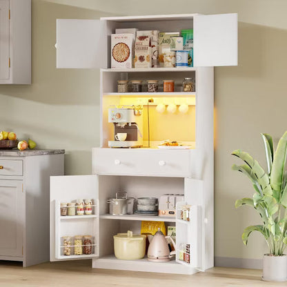 Qwatto 71'' Black Kitchen Pantry Storage Cabinet Farmhouse Freestanding Microwave Stand with Hutch Doors and Drawers for Dining Room and Coffee Bar