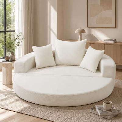 Round Corduroy Convertible Sofa Bed, Boneless Folding Futon Couch with 3 Pillows for Living Room, Bedroom, Apartment, Office