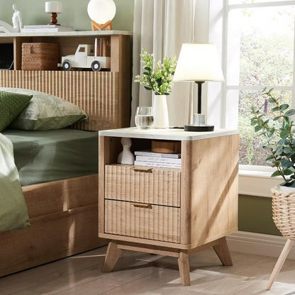 18" Modern Fluted Nightstand with Charging Station, Side Table with Faux Marble Top for Bedroom, Living Room