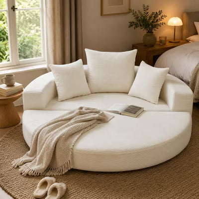 Round Corduroy Convertible Sofa Bed, Boneless Folding Futon Couch with 3 Pillows for Living Room, Bedroom, Apartment, Office