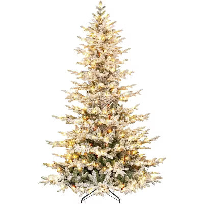Vivatrees 6.5FT Pre-Lit Flocked Christmas Tree Artificial Xmas Snow Pine with Warm White Multi Color LED Lights Metal Base for Home Office Holiday