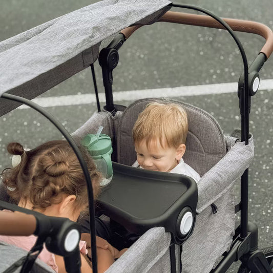 Kinder King Folding Wagon Stroller for 2 Kids, Adjustable Handle, All-Terrain Shock-Absorbing Wheel, Detachable Tray, Diaper Bag