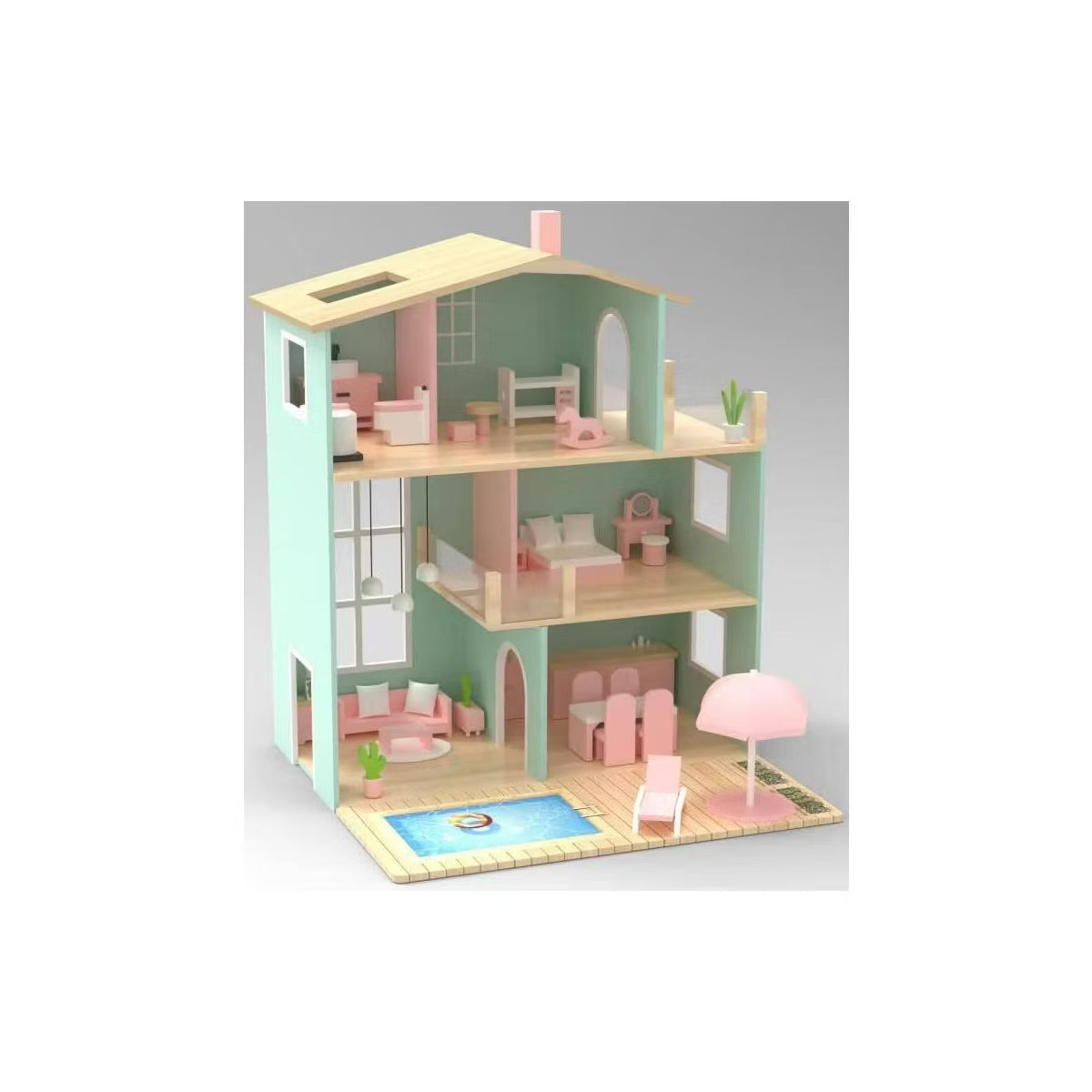 TODECARE Modern Wooden Dollhouse for Kids, 8-Room Doll House with 81 Furniture Pieces, Dolls & Pets, Pretend Play Set for Ages 3+, Green