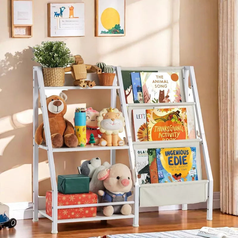 Unikito Kids Bookshelf, Book Shelf for Kids Rooms, 3 Tier Sling Bookcase Baby Toy Organizer Toddler Nursery Book Shelves, White, 32.7"x 11.8" x 28.9"
