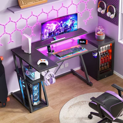 Qwatto 40'' Black Gaming Desk Small Space L Shaped Computer Table with Monitor Stand 3 Tier Storage Shelves Carbon Fiber Gamer