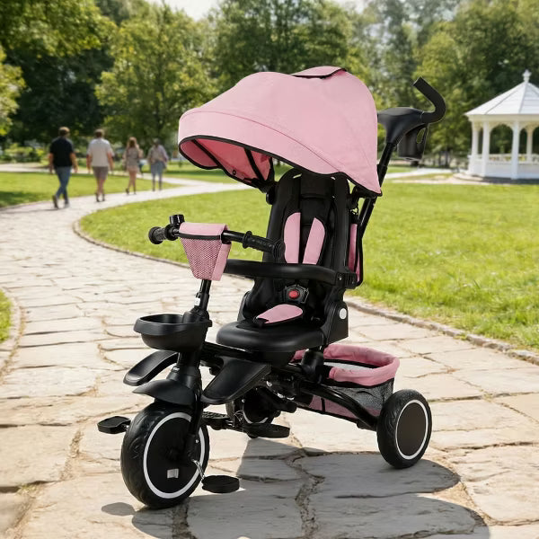 TODECARE 8-in-1 Kids Folding Tricycle with Adjustable Push Handle, Pink