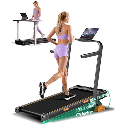 14% Incline Walking Pad Treadmill with Handle Bar, Foldable Compact Under Desk Treadmill, 2.5HP Quiet Brushless Motor, 300 LBS Capacity (DEEP BLACK)